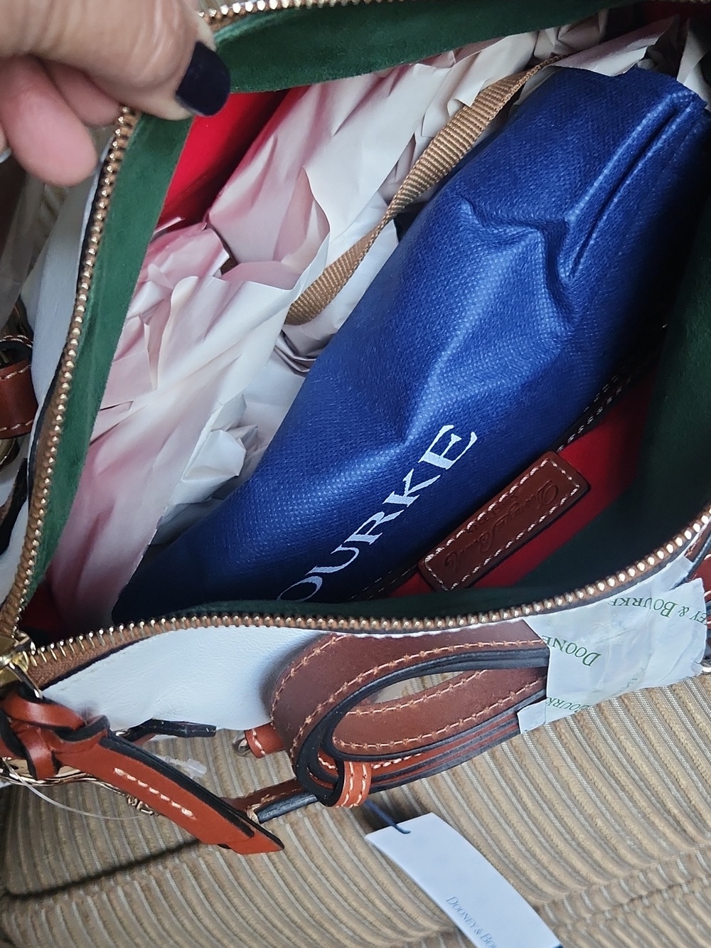 Dooney White Satchel Handbag with Brown Trim - Picture 4 of 5